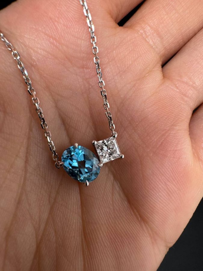 Necklace topaz + lab grow princess cut diamond