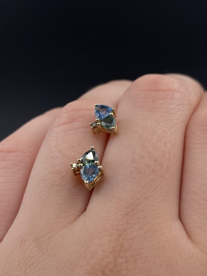 Earrings green blue sapphires, brown natural diamonds