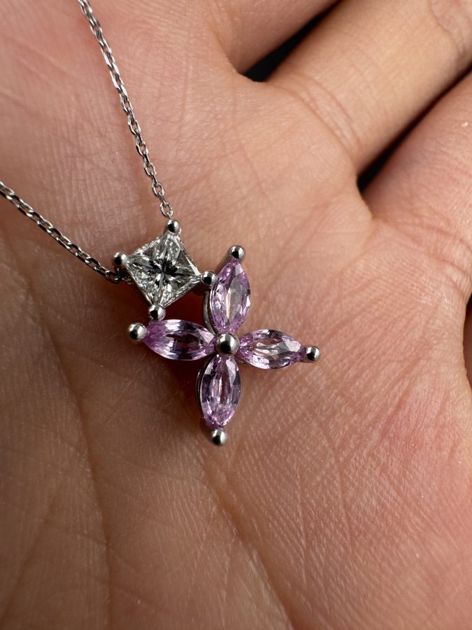 Pendant pink marquises sapphire + lab grown princess diamond