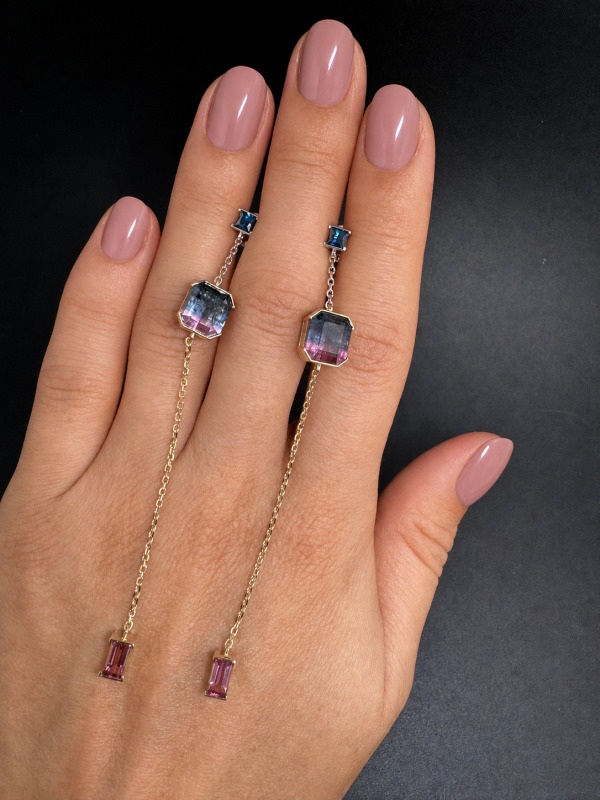 Earrings with tricolor tourmalines and sapphires, 2.72 ct – photo 2 of 4