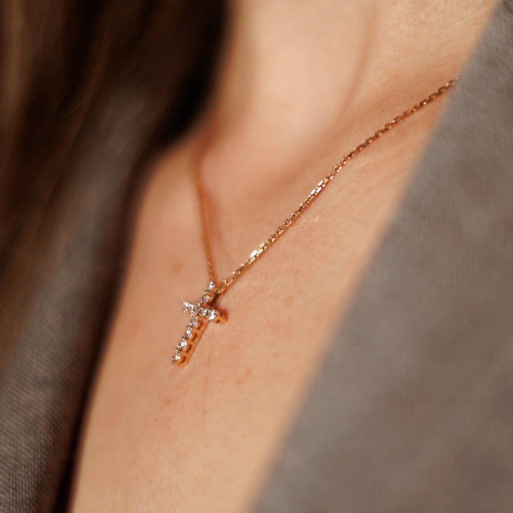Gold Cross with a Row of Diamonds – White Gold – photo 1 of 9