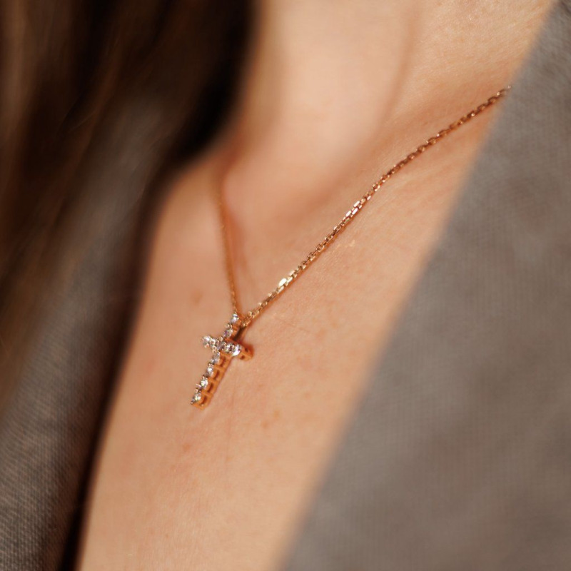 Gold Cross with a Row of Diamonds – White Gold – photo 1 of 9