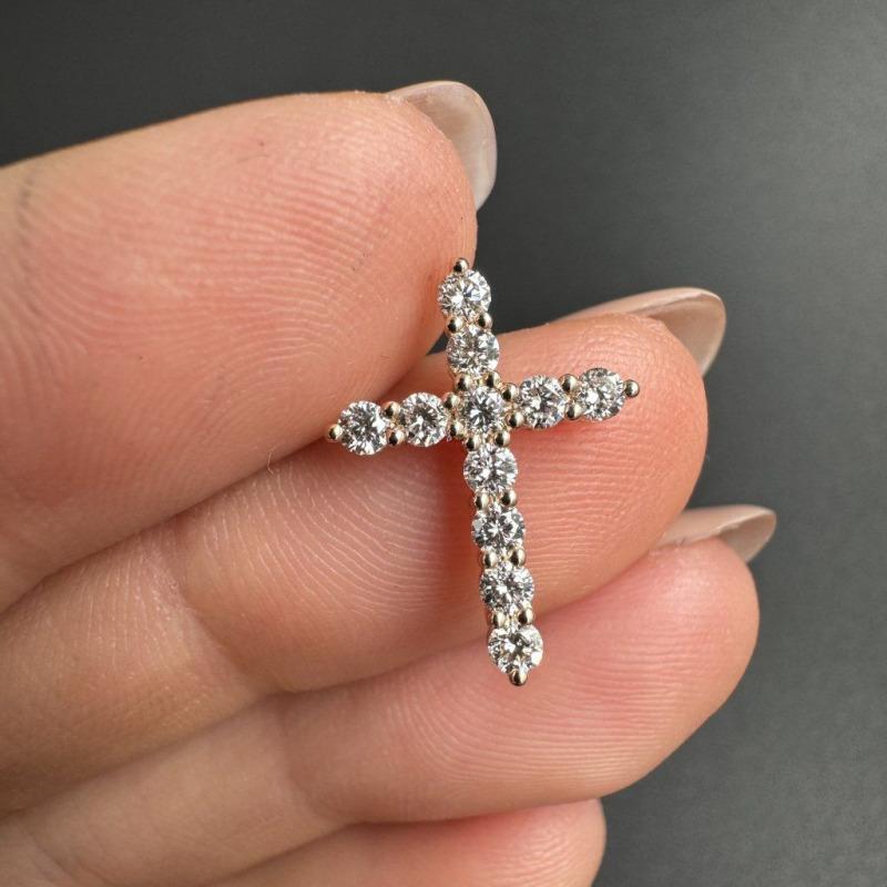 Gold Cross with a Row of Diamonds – White Gold – photo 6 of 9