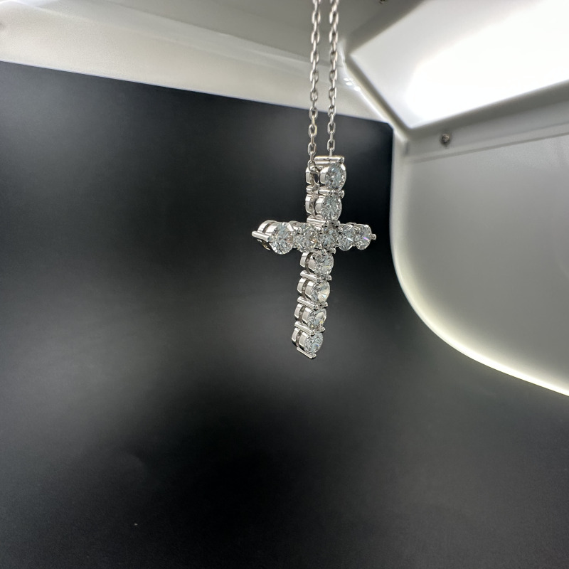 Gold Cross with a Row of Diamonds – White Gold – photo 8 of 9