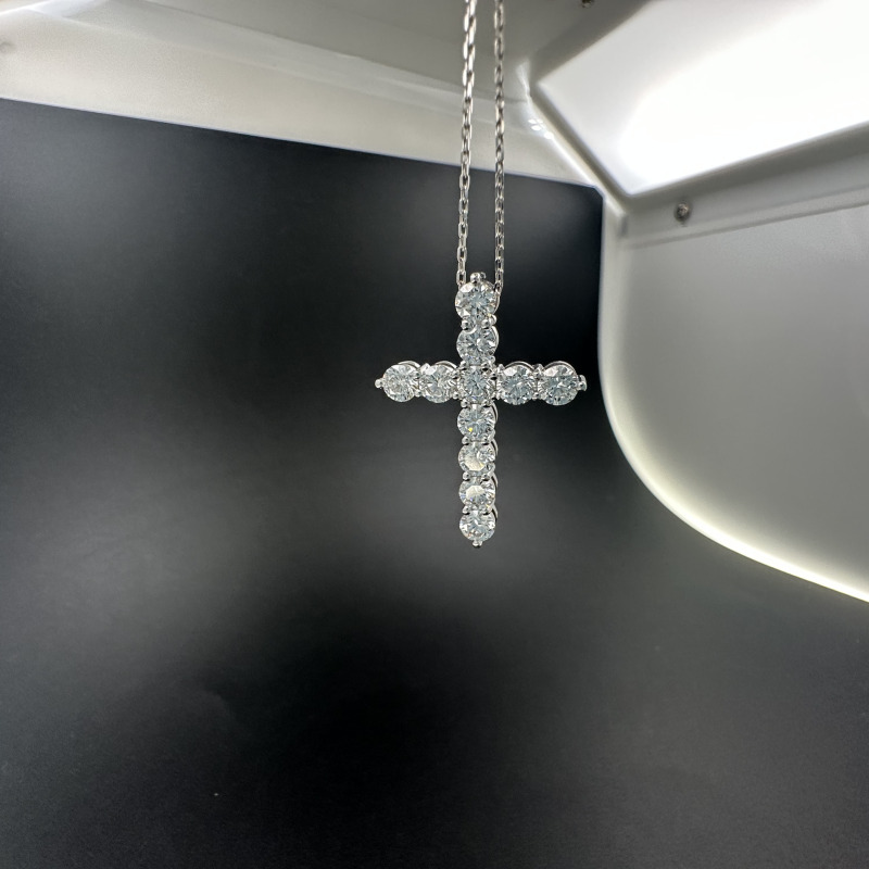 Gold Cross with a Row of Diamonds – White Gold – photo 9 of 9