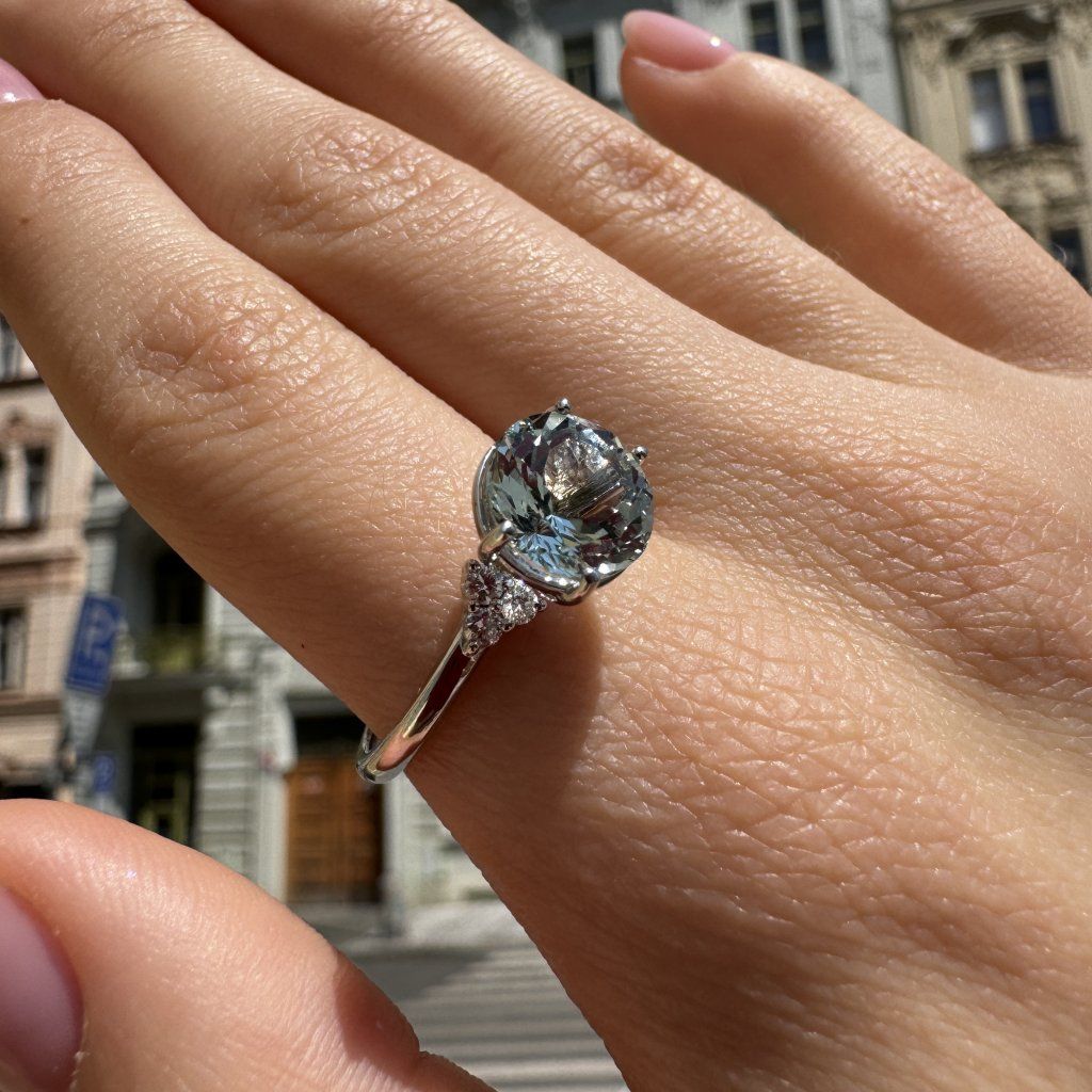 Ring with Diamonds and Aquamarine – White Gold – photo 1 of 10