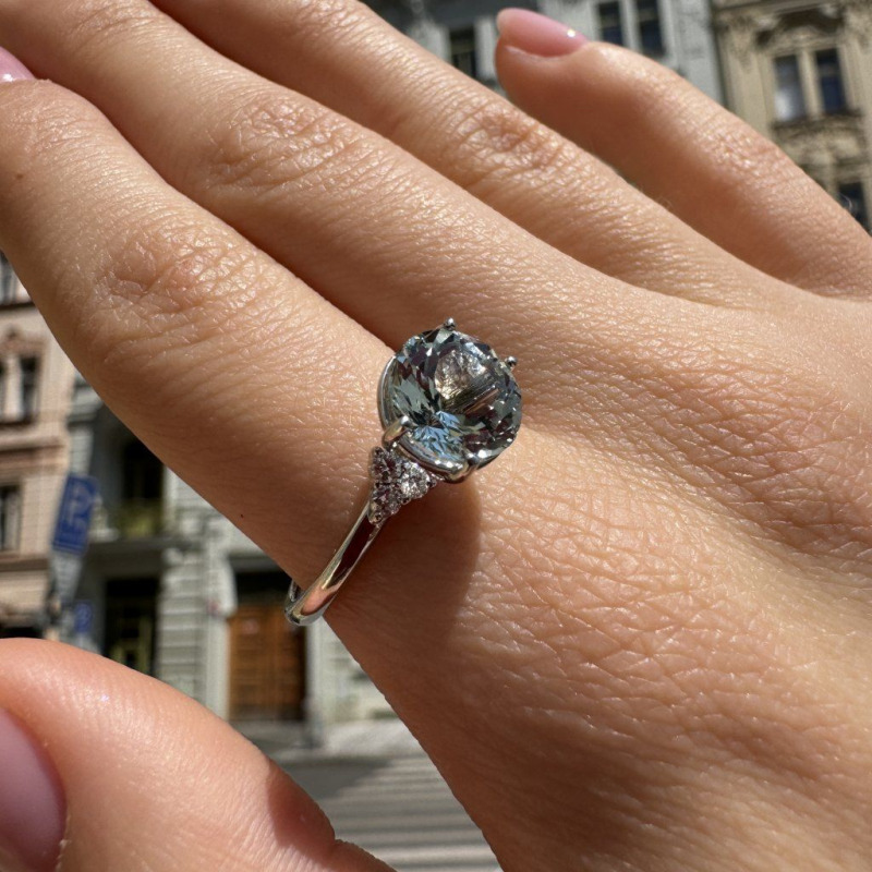 Ring with Diamonds and Aquamarine – White Gold – photo 1 of 10