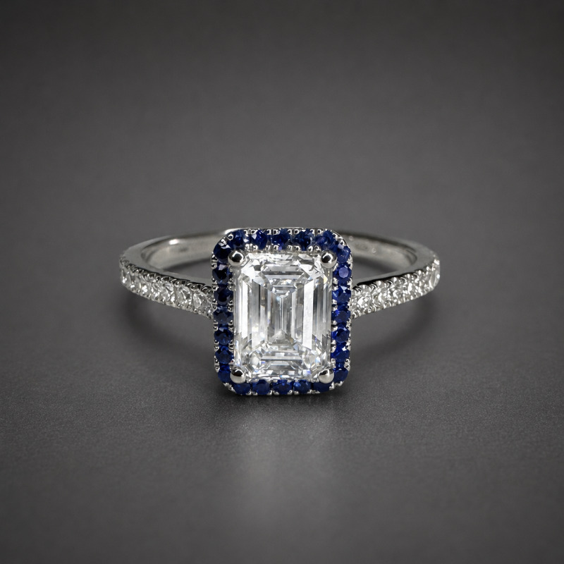 Ring with a Natural Diamond, Surrounded by Sapphires and Laboratory-Grown Diamonds