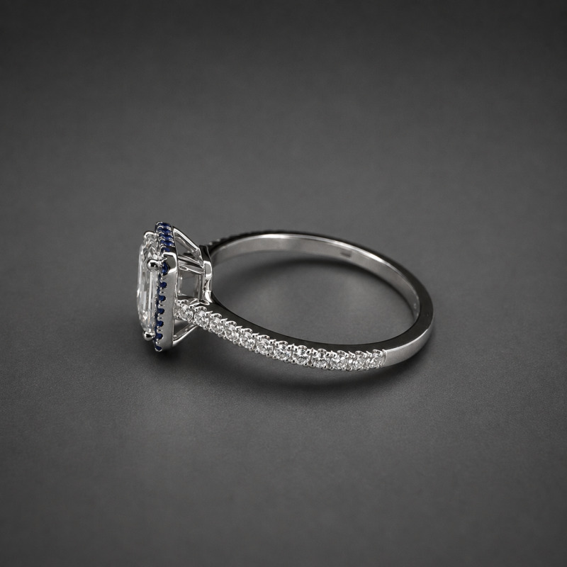 Ring with a Natural Diamond, Surrounded by Sapphires and Laboratory-Grown Diamonds – White Gold – photo 2 of 2