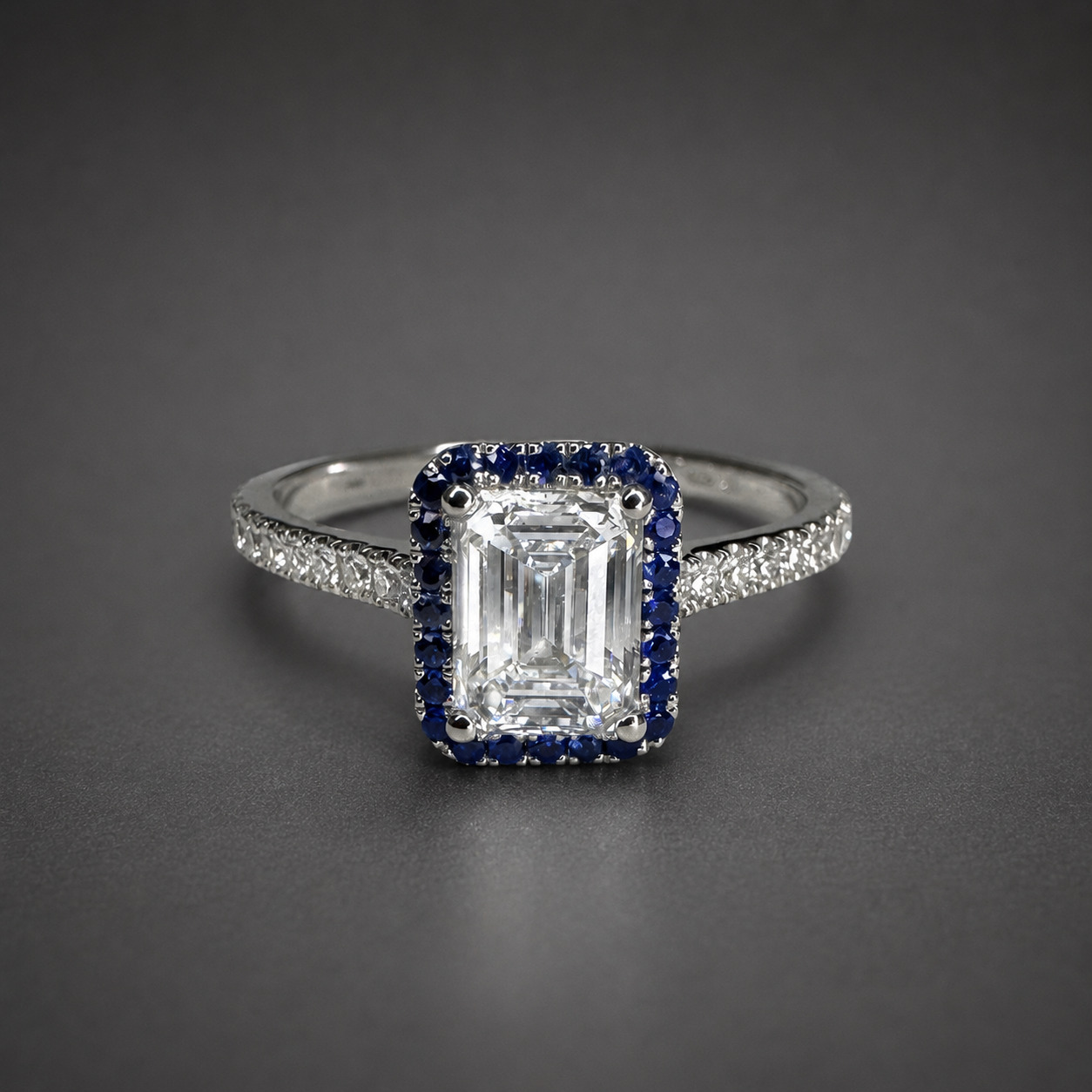 Ring with a Natural Diamond, Surrounded by Sapphires and Laboratory-Grown Diamonds – White Gold – photo 1 of 2