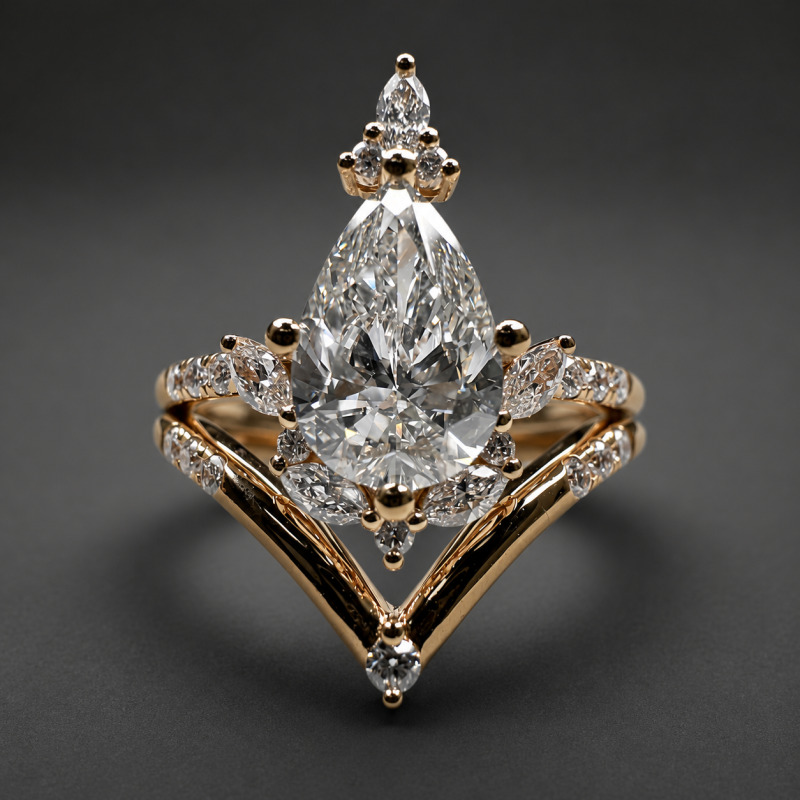 Ring with a Pear-Shaped Diamond and a Composition of Brilliants, Marquises and Round Stones