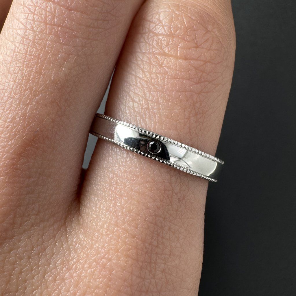 Wedding Bands with Ornamental Edge and Garnet – White Gold – photo 1 of 7
