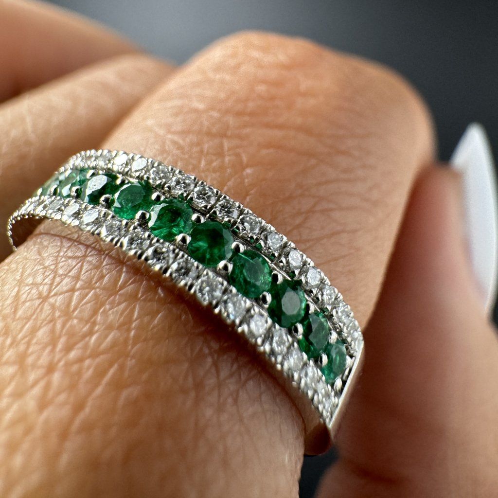 Wedding Rings with Emeralds and Natural Diamonds – White Gold – photo 1 of 5