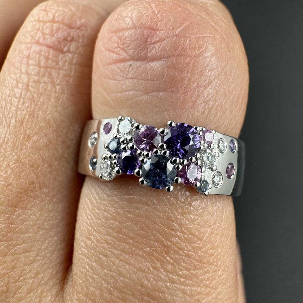 Ring with Coloured Sapphires and Laboratory Diamonds – White Gold – photo 1 of 5
