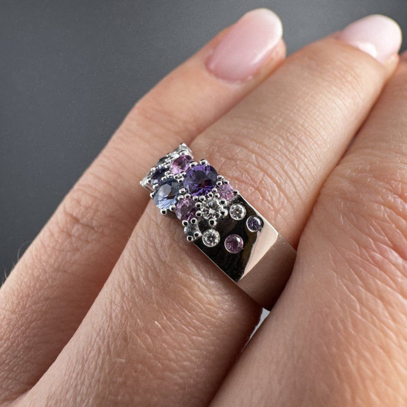 Ring with Coloured Sapphires and Laboratory Diamonds – White Gold – photo 2 of 5