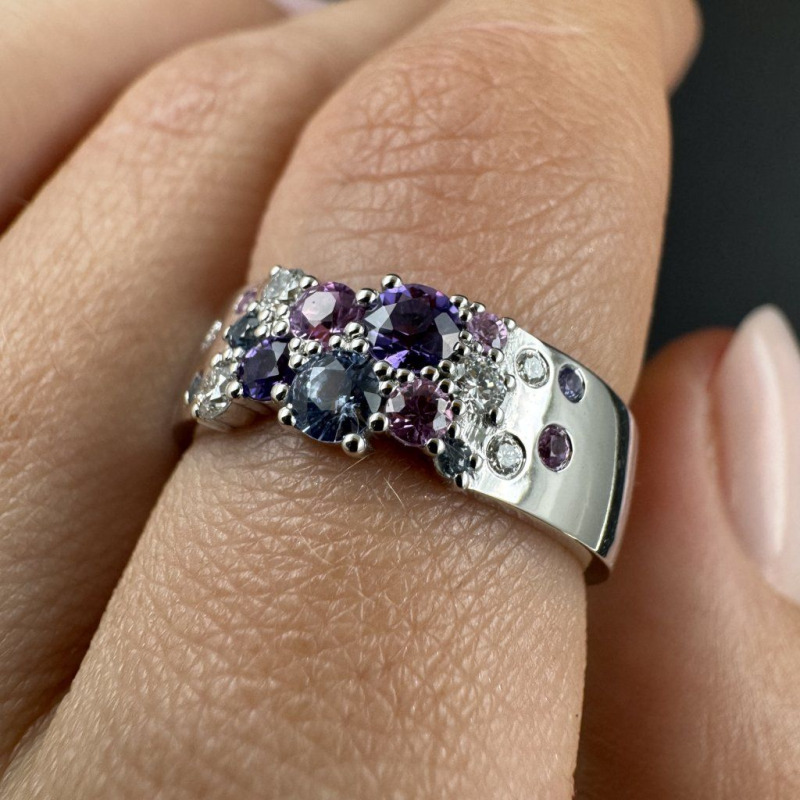 Ring with Coloured Sapphires and Laboratory Diamonds – White Gold – photo 4 of 5