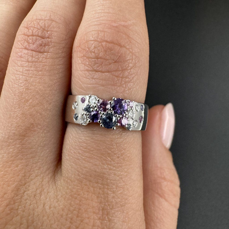 Ring with Coloured Sapphires and Laboratory Diamonds – White Gold – photo 5 of 5