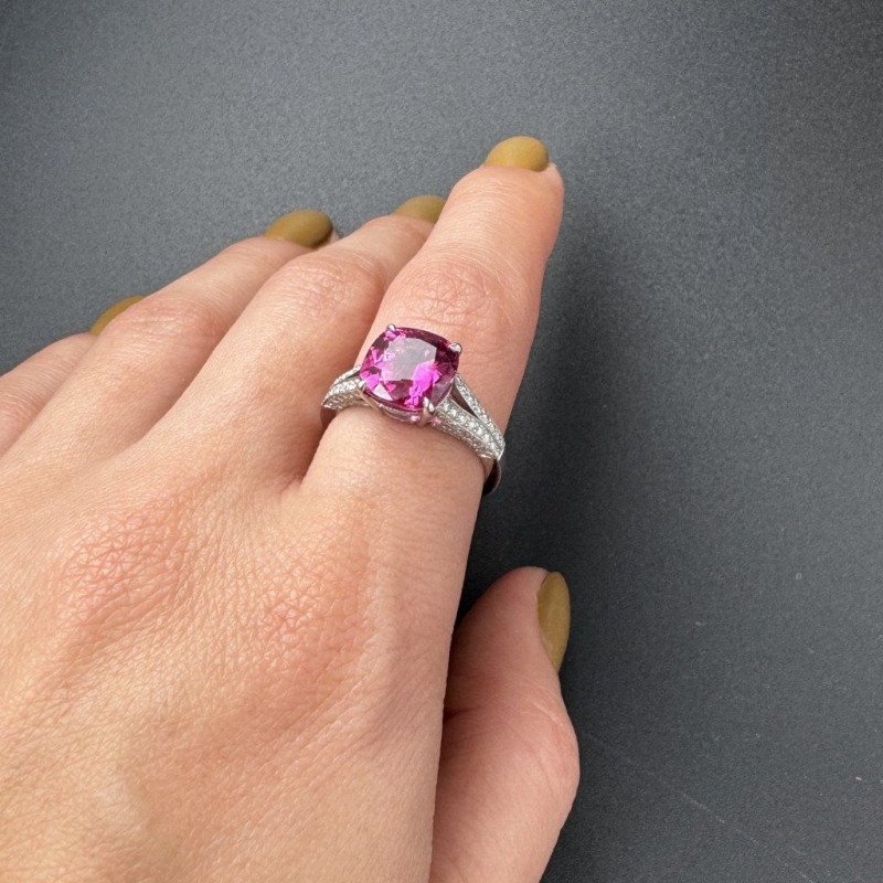 Ring with Rubellite and Laboratory Diamonds – White Gold – photo 5 of 7
