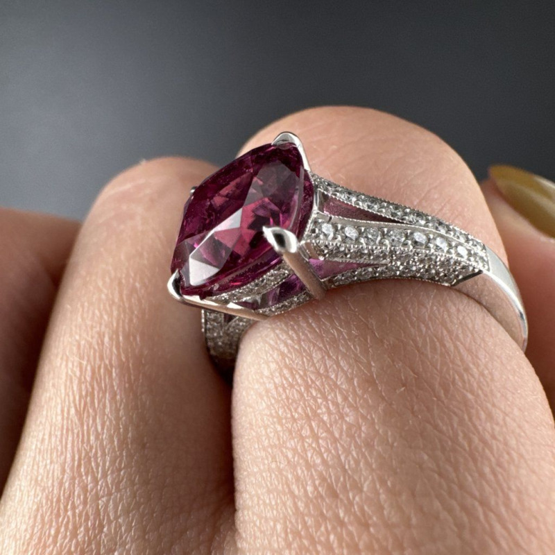 Ring with Rubellite and Laboratory Diamonds – White Gold – photo 7 of 7