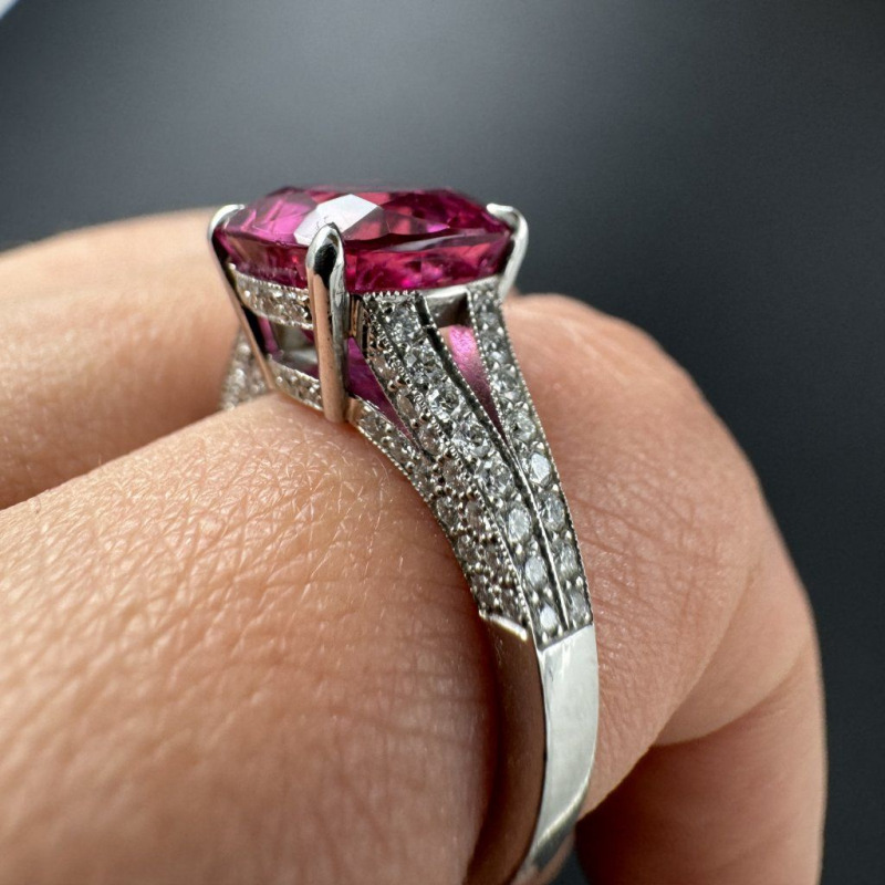 Ring with Rubellite and Laboratory Diamonds – White Gold – photo 1 of 7