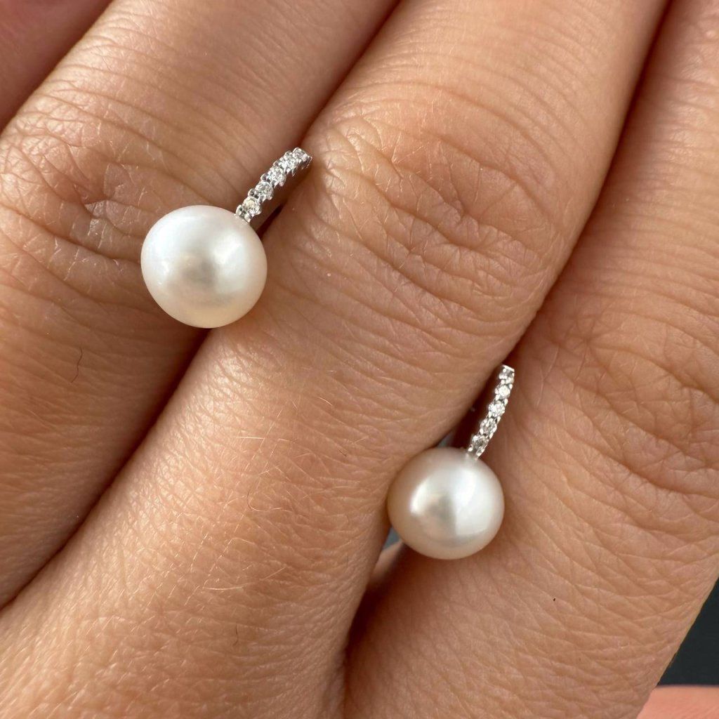 Gold Earrings with River Pearls and Natural Diamonds, 0.03 ct – photo 1 of 3