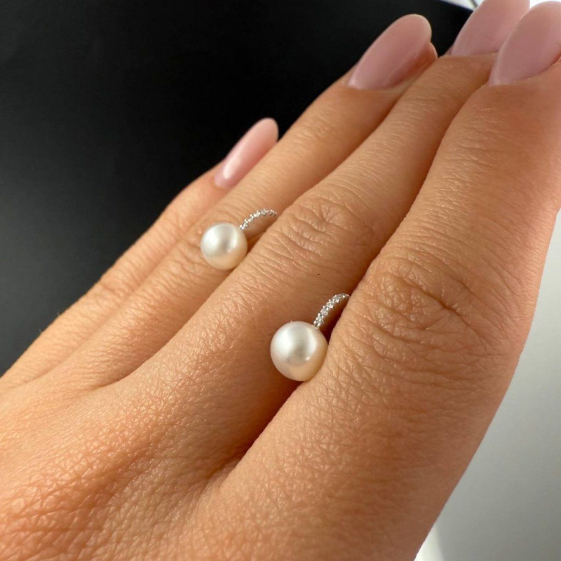 Gold Earrings with River Pearls and Natural Diamonds, 0.03 ct – photo 3 of 3