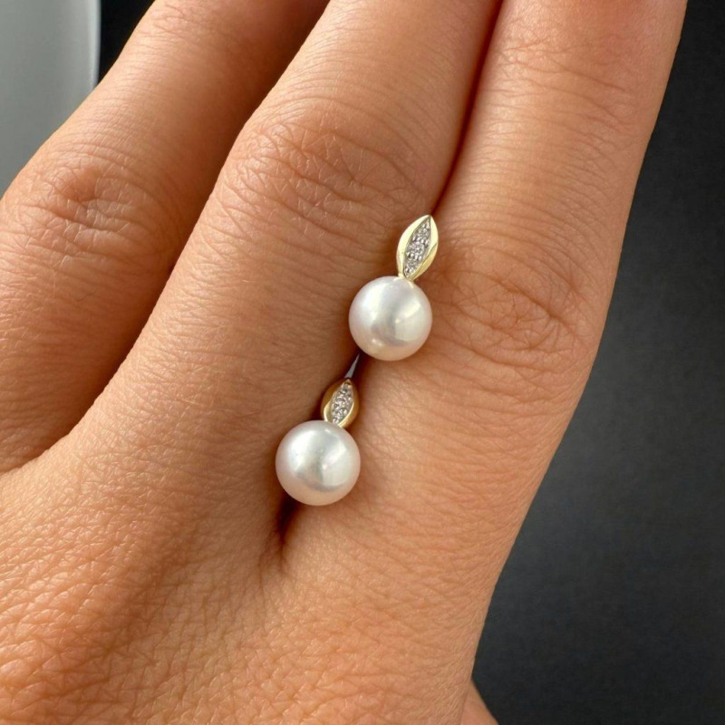 Zlaté náušnice s říčními perlami a přírodními diamanty, 0,02 ct – fotografie 2 z 4