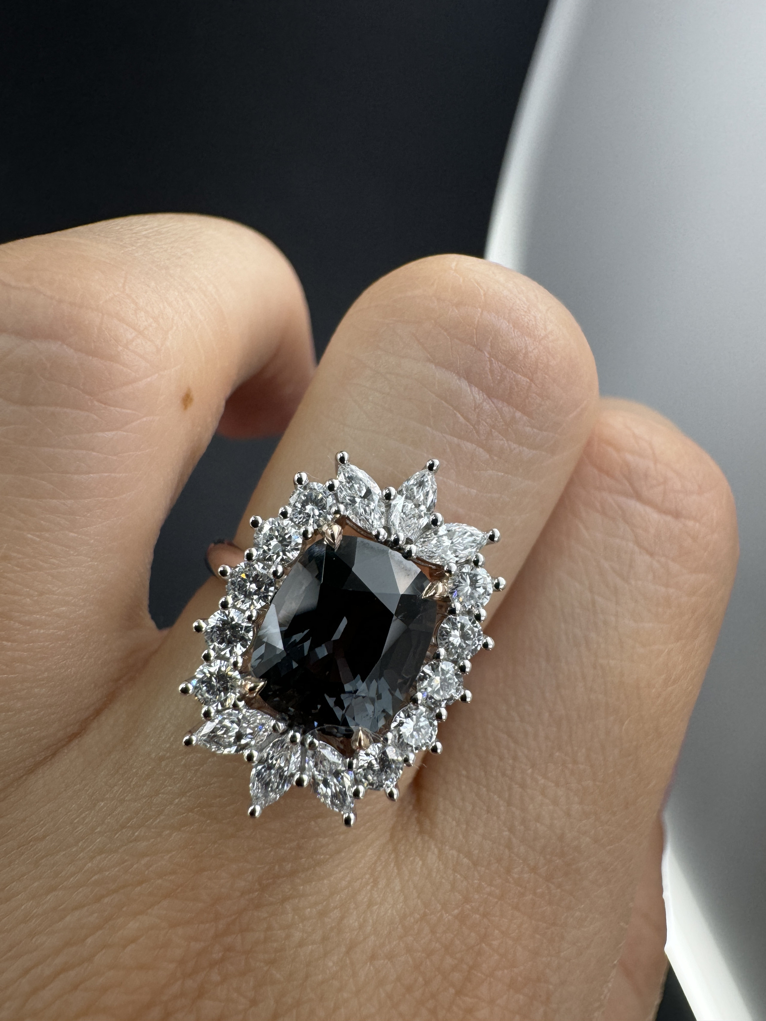 Macro of the colour-change grey spinel and diamond halo